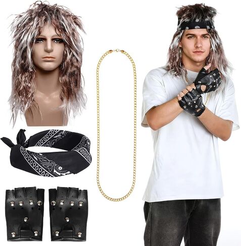 Lystaii 1980s Rock الباروكات اكسسوارات الحفلات شعر مستعار طويل الروك للرجال إكسسوارات Rockstar إكسسوارات الشرير مع 80s Rockstar الباروكات عصابات الرأس قفازات جلدية قلادة in Kuwait