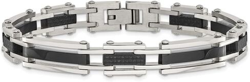Stainless Steel Polished Black IP-plated with Solid Black Carbon Fiber Link Chain Bracelet 8.25" in Saudi Arabia
