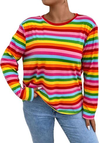 Floerns Women's Plus Size Long Sleeve Striped Oversize Pullovers Crop Top Tee in Saudi Arabia