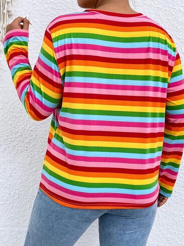 Floerns Women's Plus Size Long Sleeve Striped Oversize Pullovers Crop Top Tee in Saudi Arabia