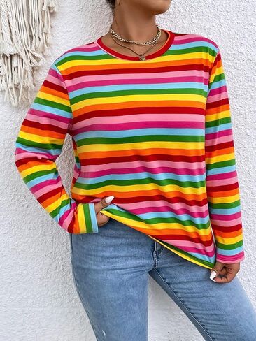 Floerns Women's Plus Size Long Sleeve Striped Oversize Pullovers Crop Top Tee in Saudi Arabia