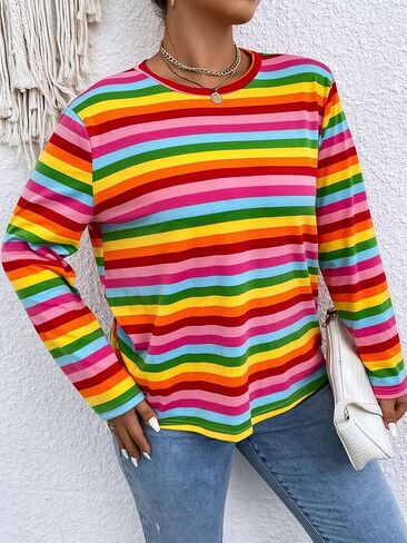 Floerns Women's Plus Size Long Sleeve Striped Oversize Pullovers Crop Top Tee in Saudi Arabia