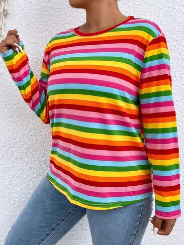 Floerns Women's Plus Size Long Sleeve Striped Oversize Pullovers Crop Top Tee in Saudi Arabia