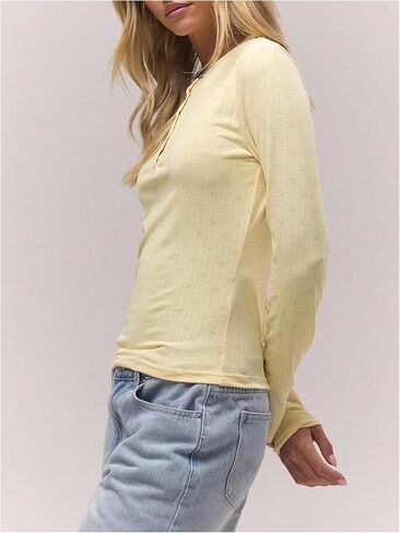 قمصان نسائية من SOLY HUX بأكمام طويلة من Henley، تيشيرتات ضيقة برقبة دائرية، قمصان جمالية للخريف in Saudi Arabia