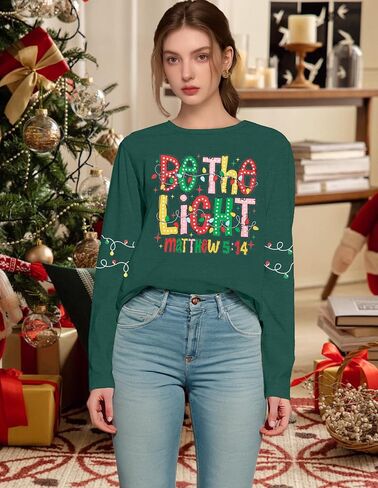Christmas Shirts Women Be The Light Christmas Long Sleeve Shirt Xmas Christian Holiday Graphic Tees Tops in Saudi Arabia