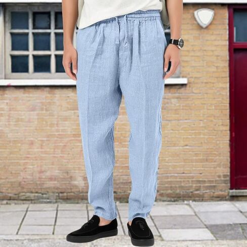 Mens Casual Linen Pants Drawstring Lightweight Solid Color Summer Beach Yoga Trousers in Saudi Arabia