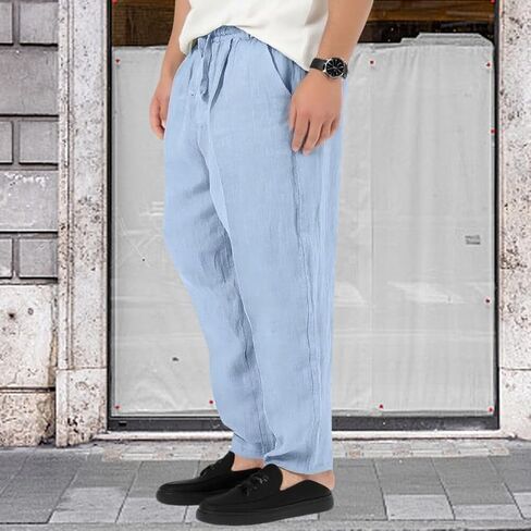 Mens Casual Linen Pants Drawstring Lightweight Solid Color Summer Beach Yoga Trousers in Saudi Arabia