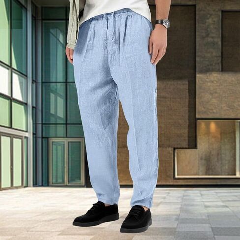 Mens Casual Linen Pants Drawstring Lightweight Solid Color Summer Beach Yoga Trousers in Saudi Arabia