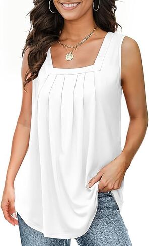 Tank Tops for Women Summer, Loose Fit Pleated Square Neck Sleeveless Tops Flowy Blouse Going Out Tops Basic Shirts (White,XL) in Saudi Arabia