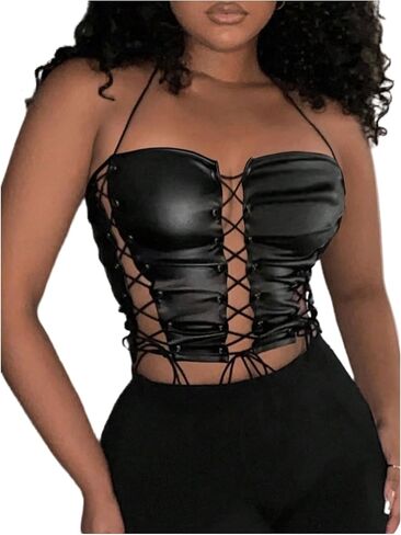 Floerns Women's PU Leather Cut Out Lace Up Corset Zipper Cropped Club Halter Top in Saudi Arabia