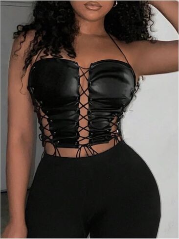 Floerns Women's PU Leather Cut Out Lace Up Corset Zipper Cropped Club Halter Top in Saudi Arabia