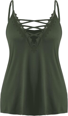 Women's Plus Size Tank Tops Lace Criss Cross Deep V Neck Spaghetti Strap Loose Cami Tops in Saudi Arabia