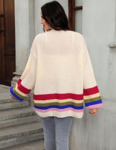 سترة نسائية طويلة BB&KK سترة مخططة كبيرة الحجم بألوان زاهية لخريف 2025 بأكمام طويلة ومتماسكة مفتوحة من الأمام in Kuwait