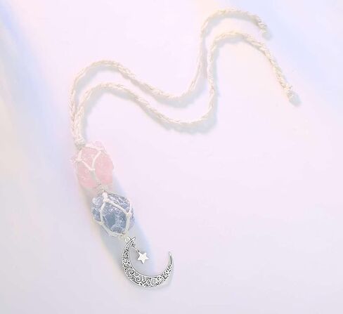 LAIDANLA إكسسوارات تعليق كريستالية للسيارة من الكوارتز الوردي والكالسيت الأزرق مرآة الرؤية الخلفية ديكورات علاجية متدلية على شكل نجمة القمر مصنوعة يدويًا حلي معلقة ديكور منزلي بوهيمي in Kuwait