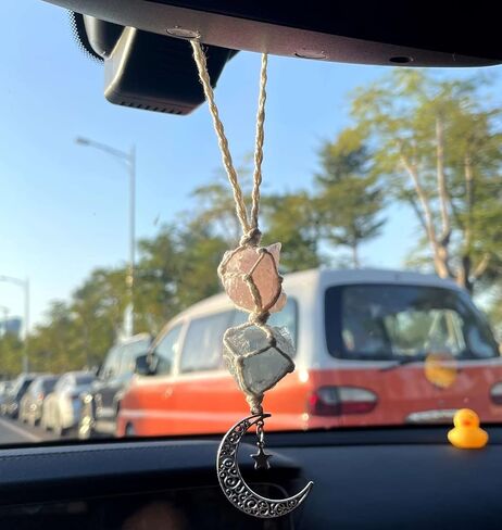 LAIDANLA إكسسوارات تعليق كريستالية للسيارة من الكوارتز الوردي والكالسيت الأزرق مرآة الرؤية الخلفية ديكورات علاجية متدلية على شكل نجمة القمر مصنوعة يدويًا حلي معلقة ديكور منزلي بوهيمي in Kuwait