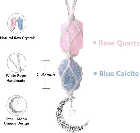 LAIDANLA إكسسوارات تعليق كريستالية للسيارة من الكوارتز الوردي والكالسيت الأزرق مرآة الرؤية الخلفية ديكورات علاجية متدلية على شكل نجمة القمر مصنوعة يدويًا حلي معلقة ديكور منزلي بوهيمي in Kuwait