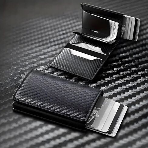 Men's Wallet RFID Blocking - Carbon Fiber Slim Credit Card Holder with Money Clip, Pop-Up ID Window, Holds 9-14 Cards - Ultra Thin Minimalist Front Pocket Wallet in Saudi Arabia