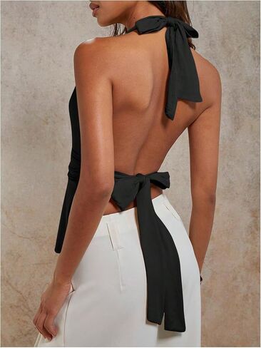 Floerns Women's Deep V Neck Tie Back Halter Top Ruched Sleeveless Slit Dressy Tops in Saudi Arabia