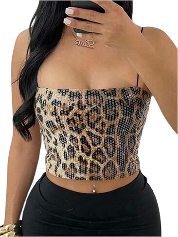 SOLY HUX Women's Leopard Sequin Cami Tops Y2k Cheetah Print Spaghetti Strap Summer Going Out Crop Tops in Saudi Arabia