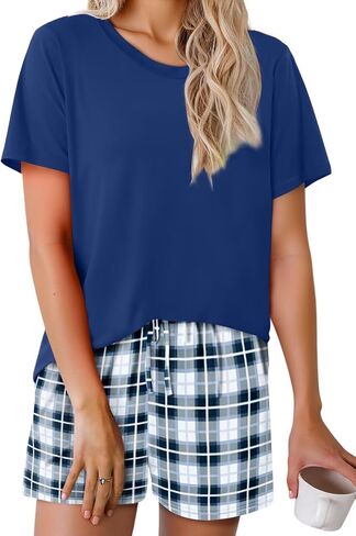 Womens Lounge Set for Home Casual 2 Piece Round Neck Short Sleeve Top Plaid Shorts Loose Fit Sleepwear Pajama Set in Saudi Arabia