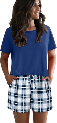 Womens Lounge Set for Home Casual 2 Piece Round Neck Short Sleeve Top Plaid Shorts Loose Fit Sleepwear Pajama Set in Saudi Arabia