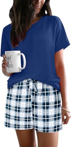 Womens Lounge Set for Home Casual 2 Piece Round Neck Short Sleeve Top Plaid Shorts Loose Fit Sleepwear Pajama Set in Saudi Arabia