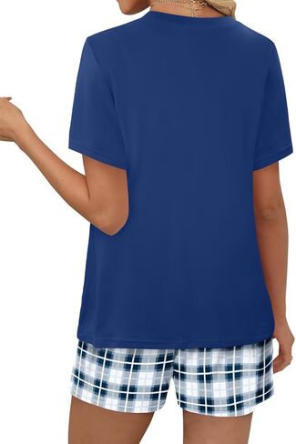 Womens Lounge Set for Home Casual 2 Piece Round Neck Short Sleeve Top Plaid Shorts Loose Fit Sleepwear Pajama Set in Saudi Arabia