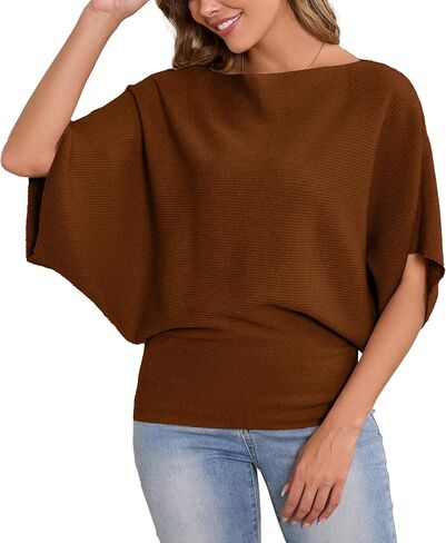 MAKARTHY Womens Batwing Sleeves Knitted Dolman Pullovers Boat Neck Tops Sweatershirts in Kuwait