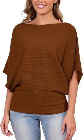 MAKARTHY Womens Batwing Sleeves Knitted Dolman Pullovers Boat Neck Tops Sweatershirts in Kuwait