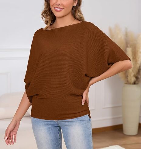 MAKARTHY Womens Batwing Sleeves Knitted Dolman Pullovers Boat Neck Tops Sweatershirts in Kuwait