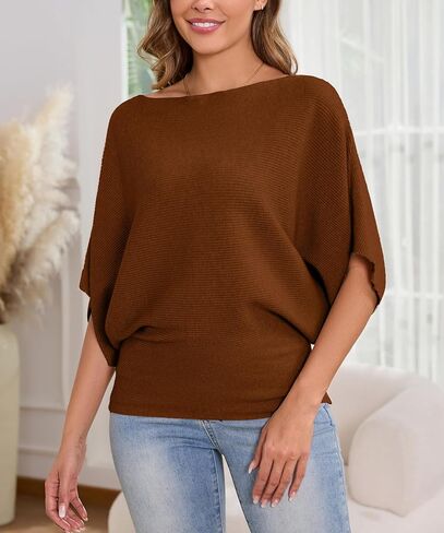 MAKARTHY Womens Batwing Sleeves Knitted Dolman Pullovers Boat Neck Tops Sweatershirts in Kuwait