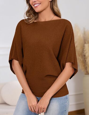 MAKARTHY Womens Batwing Sleeves Knitted Dolman Pullovers Boat Neck Tops Sweatershirts in Kuwait