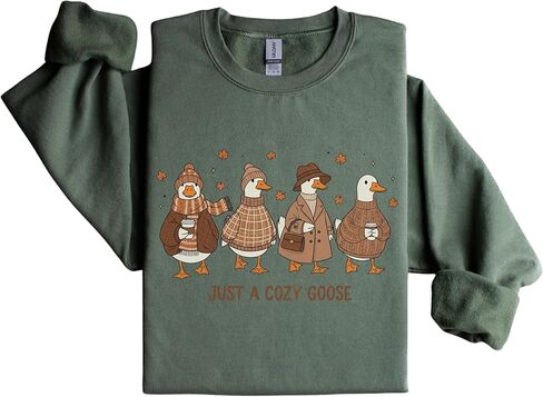 Cozy Goose Graphic Sweatshirt for Women, Funny Fall Pullover Gift, Cute Autumn Outfit with Cartoon Ducks, Casual Warm Crewneck Top White in Kuwait