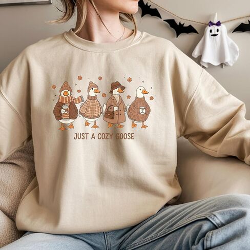 Cozy Goose Graphic Sweatshirt for Women, Funny Fall Pullover Gift, Cute Autumn Outfit with Cartoon Ducks, Casual Warm Crewneck Top White in Kuwait