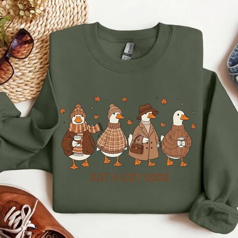 Cozy Goose Graphic Sweatshirt for Women, Funny Fall Pullover Gift, Cute Autumn Outfit with Cartoon Ducks, Casual Warm Crewneck Top White in Kuwait