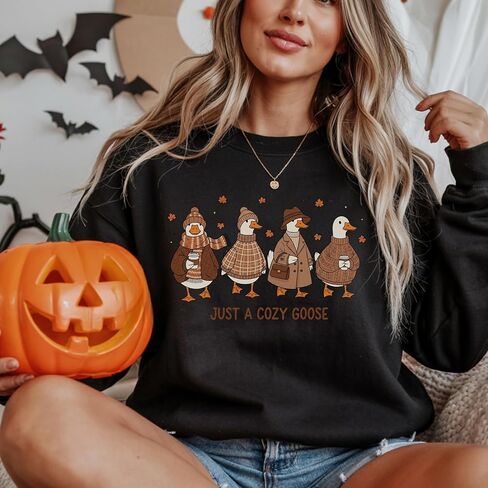 Cozy Goose Graphic Sweatshirt for Women, Funny Fall Pullover Gift, Cute Autumn Outfit with Cartoon Ducks, Casual Warm Crewneck Top White in Kuwait