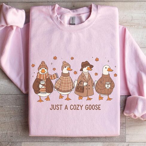 Cozy Goose Graphic Sweatshirt for Women, Funny Fall Pullover Gift, Cute Autumn Outfit with Cartoon Ducks, Casual Warm Crewneck Top White in Kuwait