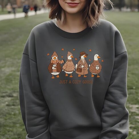 Cozy Goose Graphic Sweatshirt for Women, Funny Fall Pullover Gift, Cute Autumn Outfit with Cartoon Ducks, Casual Warm Crewneck Top White in Kuwait