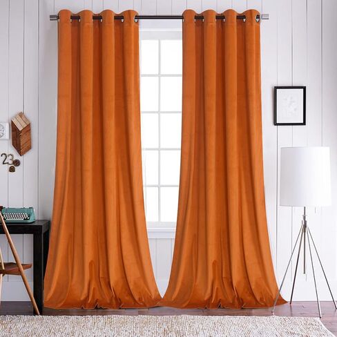 WPM WORLD PRODUCTS MART Orange Velvet Curtains Elegant Window Drapes for Luxury Living Room 84 Inch Long Panels Grommet Bedroom Privacy Sliding Door Backdrops Wedding Décor, Set of 2 (Orange) in Kuwait