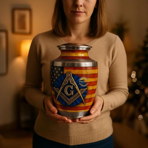 AYAANS Handcrafted Aluminium Urn for Ashes – Durable & Lightweight Cremation Urn – Elegant Memorial for Adults – Secure Closure & Timeless Design (Navy Blue, 6.5" x 6.5" x 11.5" Inches, Masonic) in Saudi Arabia