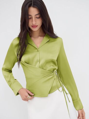 CIDER Womens Blouses Long Sleeve Shirts Notched Collar Ruched Knotted Shirt Blouse Elegant Office Work in Saudi Arabia