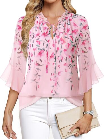 Lotusmile Women's Dressy Casual or Work Business Blouses Trendy Ruffle Neck Shirts 3/4 Sleeve Chiffon Tops in Kuwait