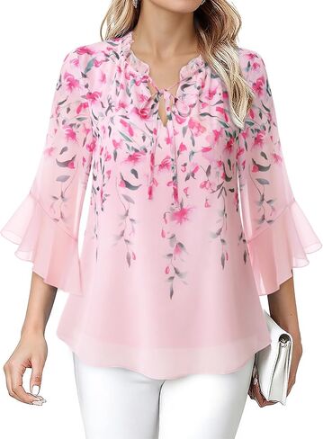 Lotusmile Women's Dressy Casual or Work Business Blouses Trendy Ruffle Neck Shirts 3/4 Sleeve Chiffon Tops in Kuwait