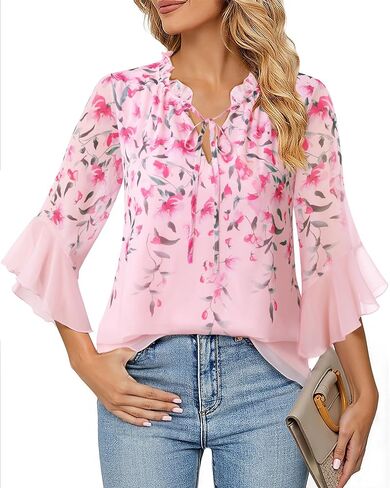 Lotusmile Women's Dressy Casual or Work Business Blouses Trendy Ruffle Neck Shirts 3/4 Sleeve Chiffon Tops in Kuwait