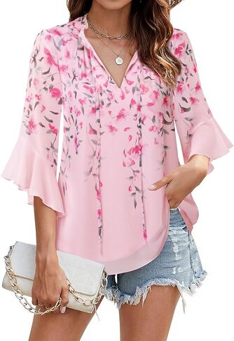 Lotusmile Women's Dressy Casual or Work Business Blouses Trendy Ruffle Neck Shirts 3/4 Sleeve Chiffon Tops in Kuwait