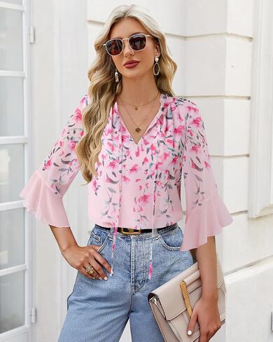 Lotusmile Women's Dressy Casual or Work Business Blouses Trendy Ruffle Neck Shirts 3/4 Sleeve Chiffon Tops in Kuwait