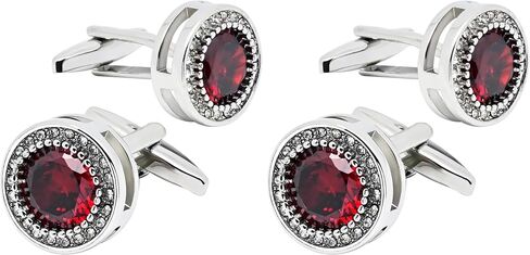 Red Crystal Gemstone Cufflinks for Men Lady In Gift Case Silver Round Men's Cufflinks Jewelry Set for Wedding Anniversary Business Party Events Tuxedo Dress Shirt in Saudi Arabia