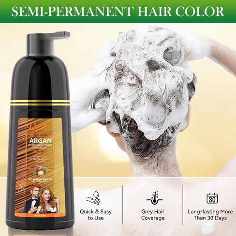شامبو صبغ الشعر الأسود الفوري لتغطية الشعر الرمادي، شامبو لون الشعر للرجال/النساء، غطاء رمادي 3 في 1-100%، شامبو شعر دائم، مكونات عشبية وخالية من الأمونيا، 420 مل (بني داكن) in Kuwait