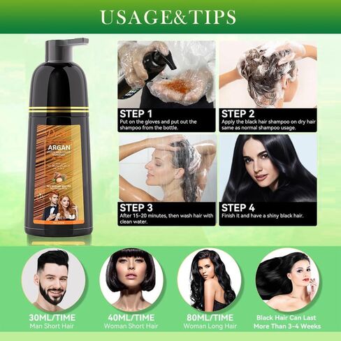 شامبو صبغ الشعر الأسود الفوري لتغطية الشعر الرمادي، شامبو لون الشعر للرجال/النساء، غطاء رمادي 3 في 1-100%، شامبو شعر دائم، مكونات عشبية وخالية من الأمونيا، 420 مل (بني داكن) in Kuwait