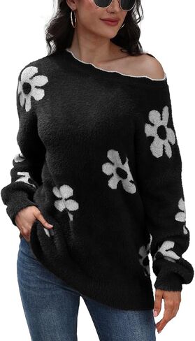Women's Knit Pullover Jumper Top Round Neck Long Sleeve Fuzzy Sweaters Casual Loose Fall Winter in Kuwait